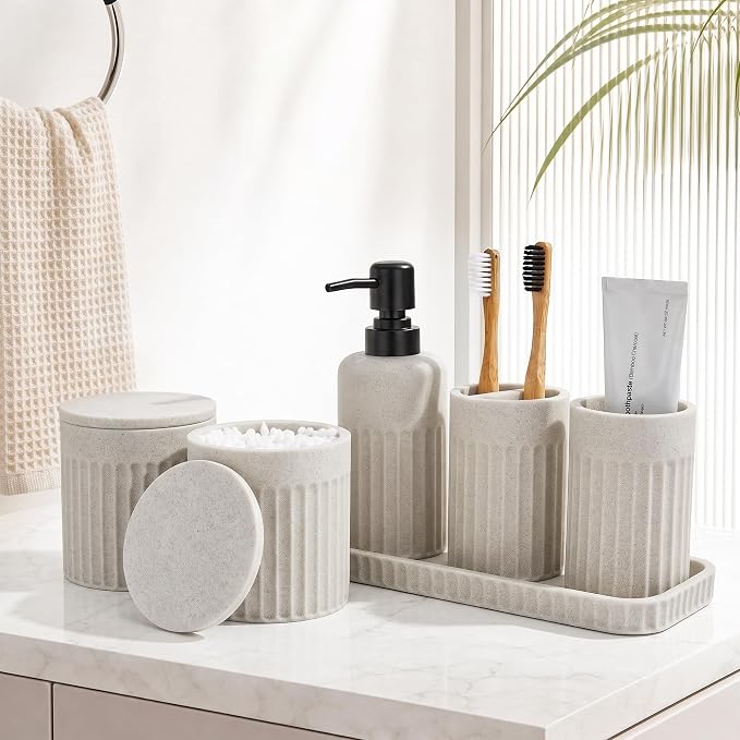 INIUNIK Bathroom Accessory Set, 6 Pieces, Beige | Resin, Bathroom Accessories Set, with Soap Dispenser Set, Toothbrush Holders, Tumbler, Vanity Tray & 2 Qtip Holder - Image 2