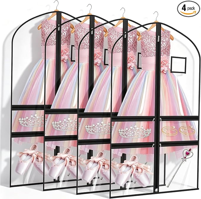 4 Pack Clear Garment Bags for Dance Costumes,40 Inch Transparent Dance Costume Bag with 4 Zipper Pockets & ID Window,Waterproof Hanging Garment Bag for Competition,Recital,Travel by ServingEveryFamily