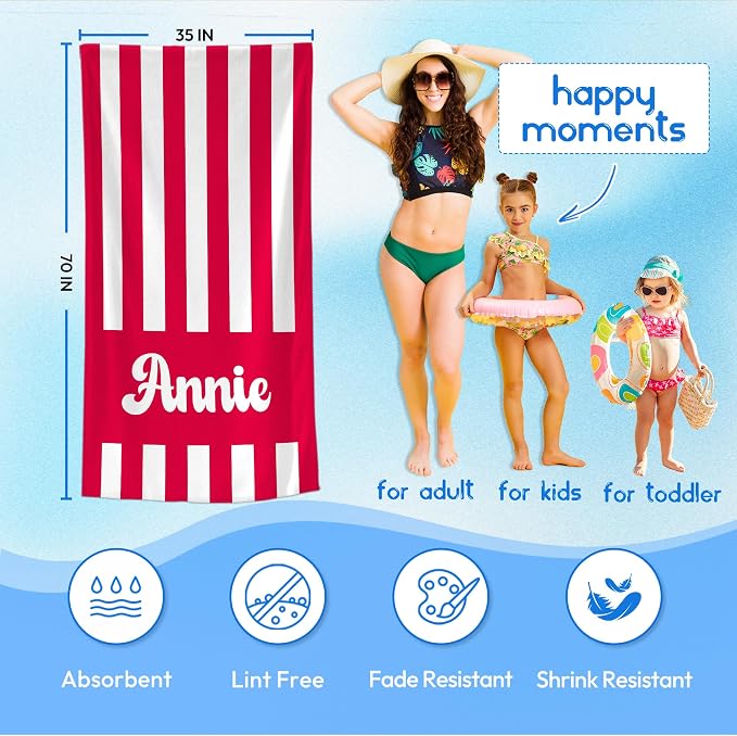 JML Personalized Beach Towel with Name, Custom Cabana Stripe Beach Towel, Customized Microfiber Pool Towel, Quick Dry & Absorbent Swim Towel for Adult,Mother's Day, Birthday, Summer Holiday,Vacation - Image 3
