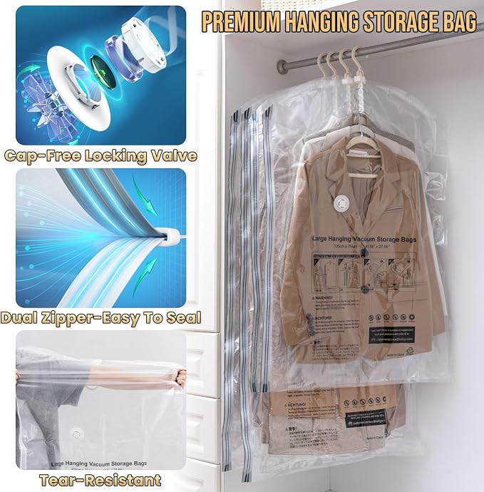 TAILI Hanging Vacuum Storage Bags with Electric Pump, Vacuum Seal Bags for Clothing Travel, Space Saving Hangers for Clothes, Suits, Coats and Jackets, Set of 6 (3 Long, 3 Short) - Image 6