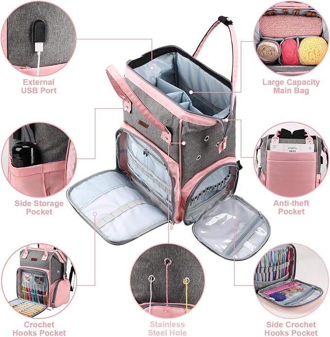 crochet bag,knitting bagBackpack and Tote Bag Storage Bag ，Large capacityYarn Storage Organizer Travel Crochet Bag Women Carrying Crochet Accessories Knitting Needles Crochet - Image 2
