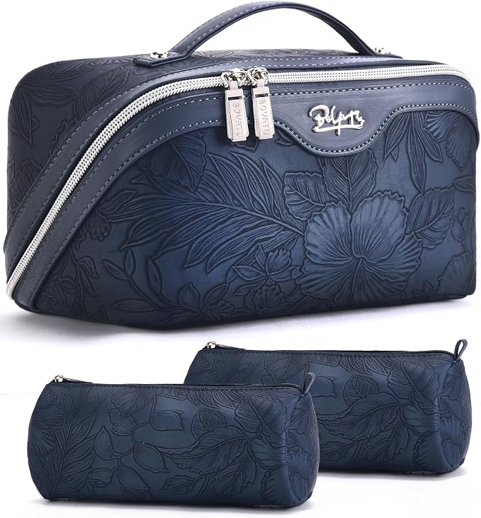 BOYATU Travel Makeup Bags Cosmetic Organizer Bag: 3-Set Large Capacity Make up Bag - PU Leather Toiletry Bags for Women - Wide Open Portable Pouch with Divider & Handle (02-Dark Blue) by BOYATU