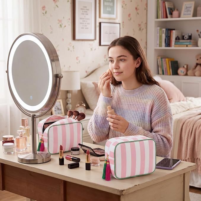 Kacctyen 6 Pack Light Pink and White Striped Makeup Bag bulk with Tassel Travel Cosmetic Pouch Organizer Large Zipper Toiletry Case for Women Aesthetic Storage Pouch Mahjong Tile Bag - Image 6
