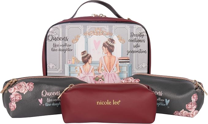 Nicole Lee Travel Handbag Crossbody Set with 3 Fashion Print Makeup Pouches, Women's Cosmetic Toiletry Organizer (Double Queens) by NicoleLee