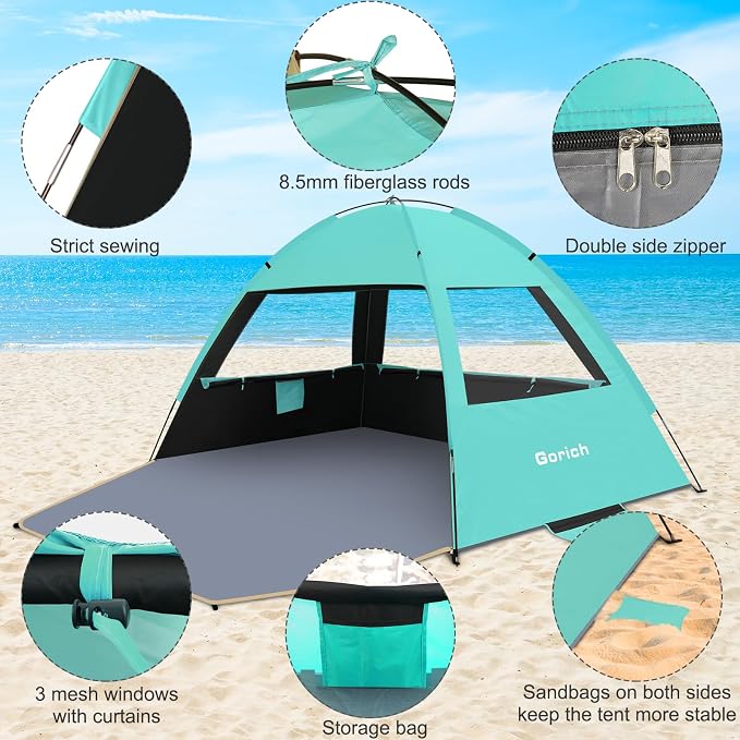 Gorich Beach Tent Sun Shelter for 3/4/6/8/10 Person with UPF 50＋ UV Protection, Lightweight & Easy Setup Beach Shade Canopy, Portable Beach Shade Tent Beach Cabana - Image 7