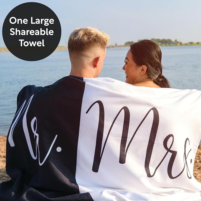 Ethisa Mr and Mrs Beach Towel - Honeymoon Just Married Towel For Beach - Wedding Gift for Newlywed Couple - Shareable Bride and Groom Towel Set - Thin Travel Friendly His and Her Beach Towel - 78"x59" - Image 2