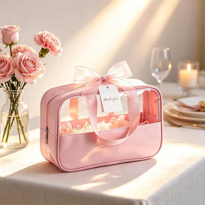 12 Pcs Pink Translucent Make up Bag, Waterproof Toiletry Bags with Handle, Portable Travel Cosmetic Organizer Pouches for Women Girls Travel Daily Use - Image 8