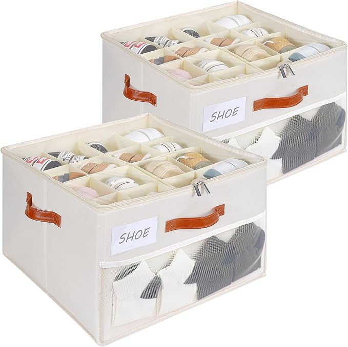 Shoe Organizer for Closet, Shoe Storage Box, Foldable Shoe Box with Adjustable Dividers and Clear Cover, Closet Shoe Organizer Fits up to 16-32 Pairs, Extra Storage Pocket for Socks (2 Pack) by HOMICKERORGANIZER