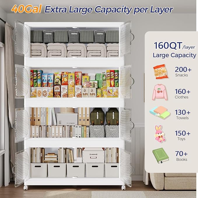 200Gal/800QT 5-Tiers Extra Large Stackable Storage Bins with Lid, Collapsible Cabinet Closet Organizer Plastic Container Box with Wheels Doors Drawers for Office Dorm Kitchen, White - Image 3