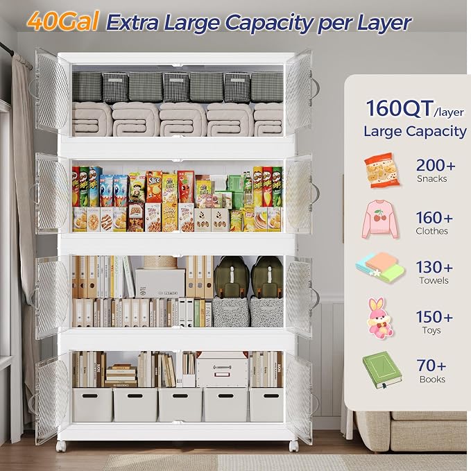 160Gal/640QT 4-Tiers Extra Large Stackable Storage Bins with Lid, Collapsible Cabinet Closet Organizer Plastic Container Box with Wheels Doors Drawers for Office Dorm Kitchen, White - Image 3
