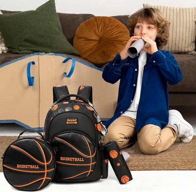 Boys' School Backpack with Lunch Box and Pencil Case - Ideal for Teens and Middle School Students, Black Basketball - Image 6