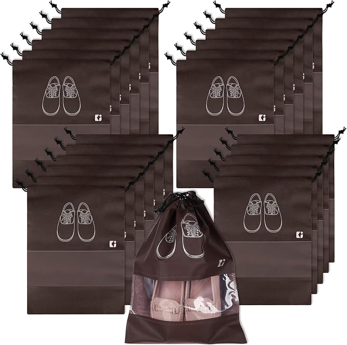 Kuber Industries Pack of 24 Shoe Bags | Shoe Bags for Travel | Non-Woven Shoe Storage Bags | Storage Organizers Set | Shoe Cover with Transparent Window | Shoe Dori Cover | Coffee by Kuber+Industries