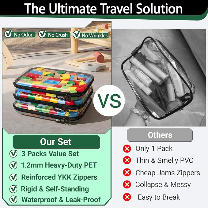 YQBRAO 3-Pack Large Clear Hard Shell Zipper Case, 1.2mm Rigid Toy & Cosmetic Bags, Heavy-Duty Diaper Bag Pouch Set with YKK Zippers, Waterproof Travel & Makeup Organizer (Black) - Image 2