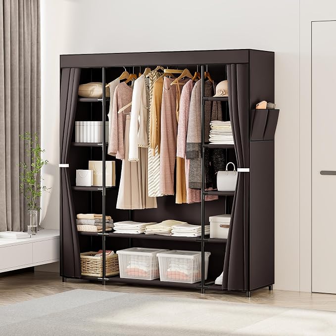 SORCEDAS Portable Closet Wardrobe Organizer Storage with Cover Non-Woben Fabric Portable Wardrobe Closet for Hanging Clothes Racks Shelving 33 Inch for Bedroom, Blue (Coffee, 59Inch) - Image 4