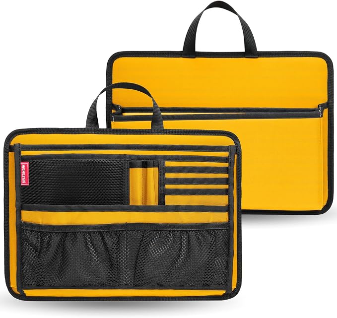 Slim Rugged Organizer Insert for Briefcase Messenger Tote Bag-13 Pockets,Durable Padded Nylon,Handle - Yellow by DELTAMANN