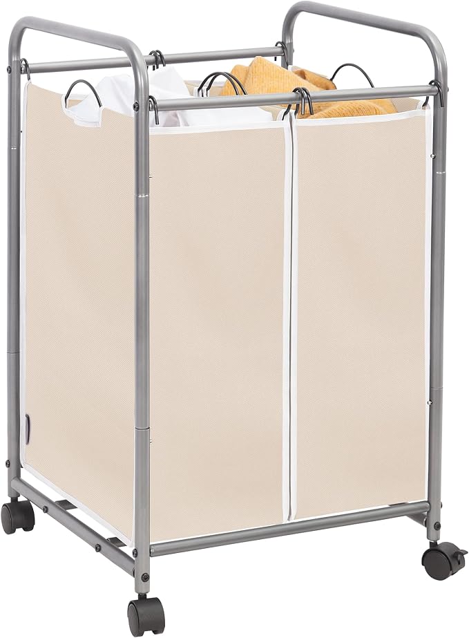 STORAGE MANIAC Laundry Sorter 2 Section, 90 L Gal Laundry Hamper with Wheels, Clothes Basket Separator Sorter, 2 Bag Cart and Removable Bags for Closet, Dorm, Collage, Beige by STORAGEMANIAC
