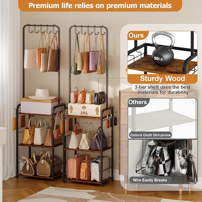 Floor-Standing Purse Organizer for Closet with 5 Hangers & 6 Side Hooks, Tall Purse Rack Stand for Purse Storage, High-Capacity Handbag Organizer, Multi-Purpose Purse Storage Organizer for Small Place - Image 2
