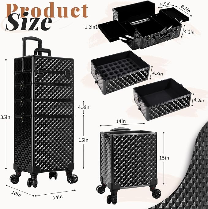 AROUS Rolling Makeup Train Case 4 in 1 Cosmetology Case on Wheels Large Storage Cosmetic Trolley with Key Salon Barber Case Traveling Cart Trunk, Black - Image 3