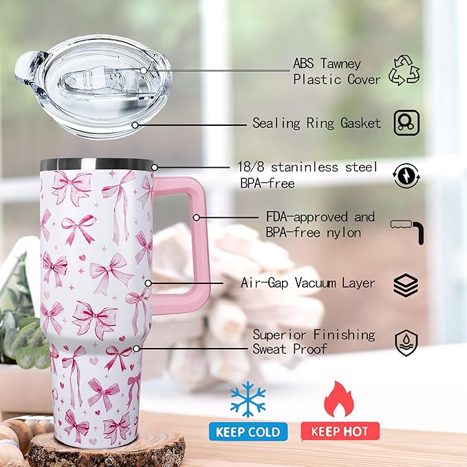30 Oz Pink Bow Tumbler With Handle, Blue Bow Decor Coffee Travel Mug Cup Water Bottle, Gifts for Women Girls