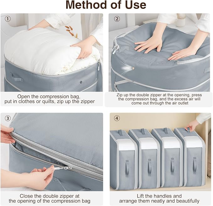 Homsorout 4 Pack Compression Storage Bags - 110L Large Capacity Comforter Storage Bag, 3-Layer Washable Ultra Space Saving Self Compression Organizer Space Bags for Blanket, Sweater, Sheet, Light Gray - Image 4