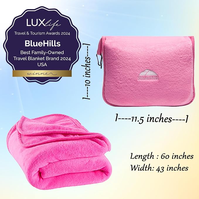 BlueHills Premium Soft Travel Blanket Pillow 2-in-1 Combo Plane Cute - Pink | Packed in Soft Bag Pillowcase, Hand Luggage Belt & Backpack Clip, Compact Plane Traveling Essentials Flight Carry-on Comfort - Image 5