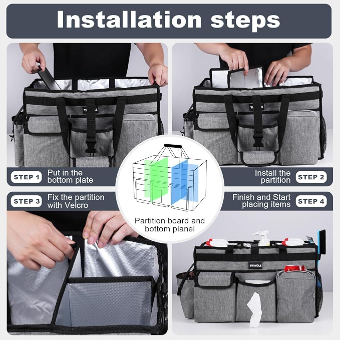 Large Cleaning Caddy Bag with Rigid Support Board, Cleaning Organizer Tote with Detachable Divider, Adjustable Shoulder Strap & Waist Belt, Cleaning Supply Carrier for Cleaners & Housekeepers - Image 4