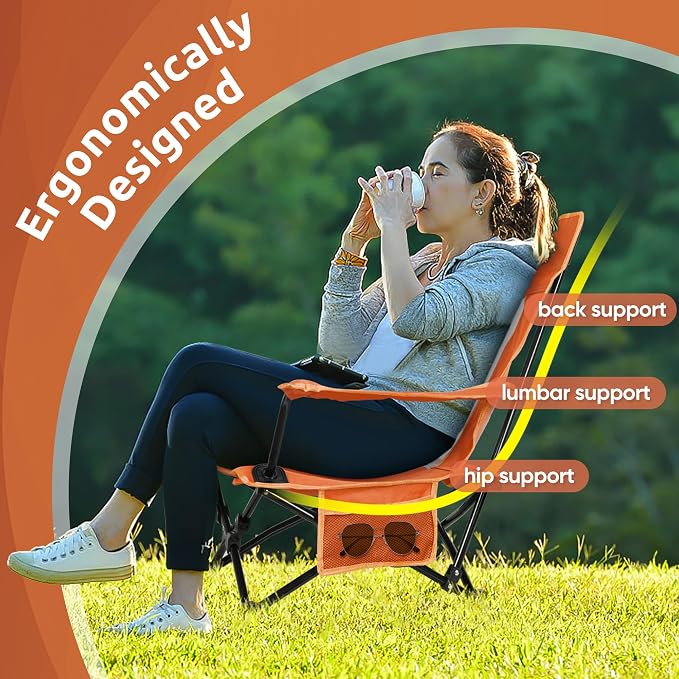HaSteeL Folding Beach Chair Set of 2, Foldable Orange Camping Chairs for Outside, Low Beach Chair Portable for Adults Fishing, Picnic, Outdoor BBQ, Travel, Sports, Cup Holder & Storage Bag - Image 4