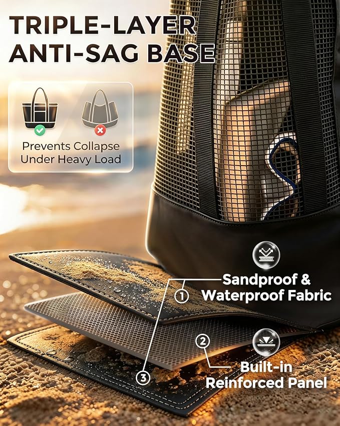 Large Mesh Beach Bag, Waterproof Bottom Tote, Structured Design Waterproof Pocket, Sandproof Pool Bag for Cruise Gym - Image 8