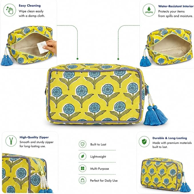 Travel Makeup Bag- Large Capacity Cosmetic Bags for Women - Water Resistance Lining Portable Pouch & Open Toiletry Bag - Perfect Girls Makeup Organizer for Travel Essentials (Blue & Yellow Floral) - Image 2