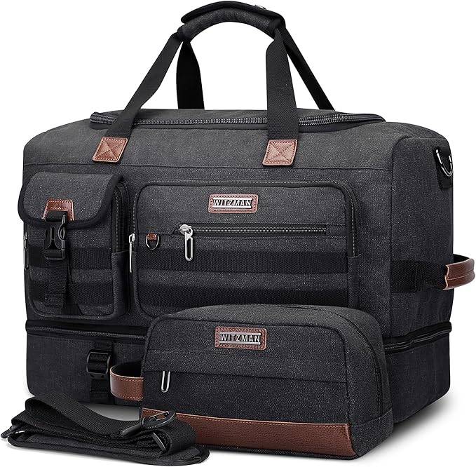 WITZMAN Duffle Bag for Men 50L Travel Canvas Weekender with Toiletry Bag | With Shoe Compartment and Dry-wet Pocket, Convertible, Carry On, One Duffel for Gym, Sports, Overnight, A8010/2 Black by WITZMAN