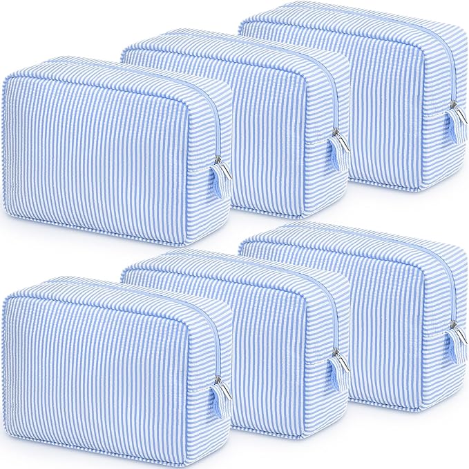 Sanwuta Seersucker Cosmetic Bag Bulk Striped Makeup Bag for Women Aesthetic Cute Travel Toiletry Organizer Preppy Storage Pouch for Wedding Bridesmaid Mother's Day Teacher Gift(Large,Light Blue,6) by Sanwuta