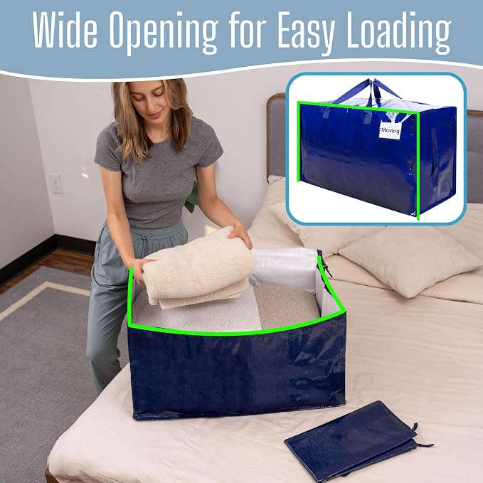VENO 8 Pack Extra Large Heavy Duty Moving Bags with Wide Opening & Reinforced Handles, Reusable Storage Tote Bags with Strong Zippers for Clothes, College Dorm Essentials & Moving Supplies - Image 2