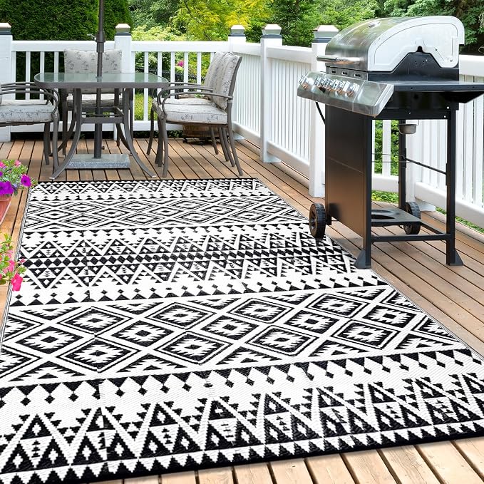 Waterproof Outdoor Rug 9x12ft, Bohemia Reversible Plastic Straw Mat for Patio RV Deck Porch Backyard Balcony Camping Picnic Beach Indoor Outdoor Carpet, Black&White - Image 6