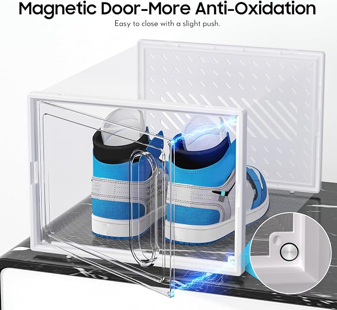 eWonLife Large Shoe Organizer Storage Box with Magnetic Door,12 Pack Clear Plastic Stackable Sneaker Containers for Closet, Connect Left and Right Shoe Box for Entryway, Drop Front, Under Bed (White) - Image 3