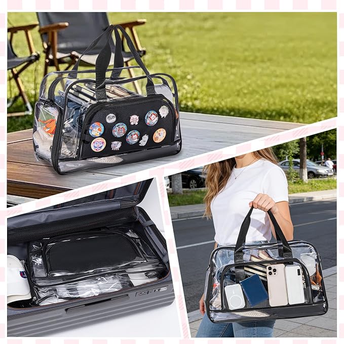 Clear Duffle Bag for Women with Anime Pins Display & Shoe Compartment, Waterproof and Convertible Crossbody for Anime Conventions, Stadium Events, Yoga, Travel & Gym (black) - Image 6
