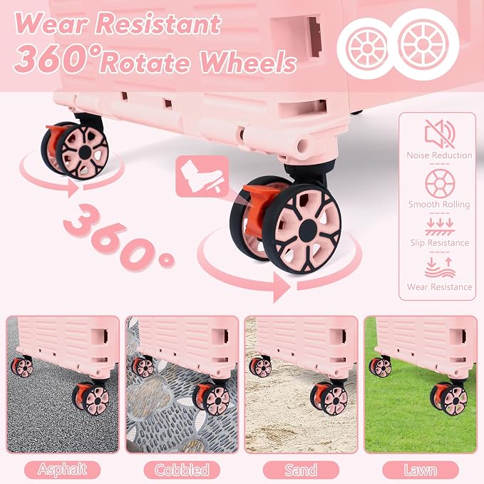 FELICON SELORSS Folding Utility Cart Portable Rolling Crate Handcart-Pink | Adjustable Handle+Extended Magnetic Lid,Storage Basket Box,4 Swivel Wheels Tote for Teacher Move Shop Travel Grocery Office - Image 5