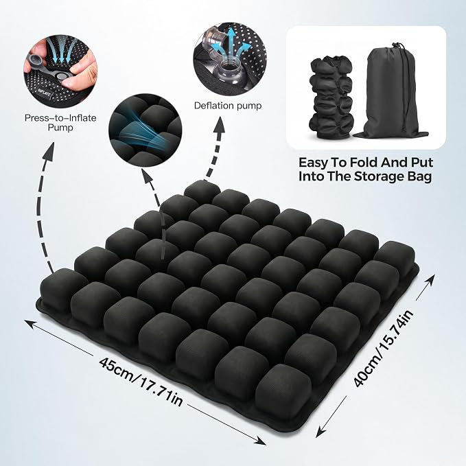 Sondour Travel Cushion Airplane Seat,Airplane Cushion for Long Flight,Press-Type Inflatable Wheelchair Seat Cushion,42 Airbags for Car,Office,Stadium,Ergonomic Comfort Support Pressure Relief-Black - Image 3