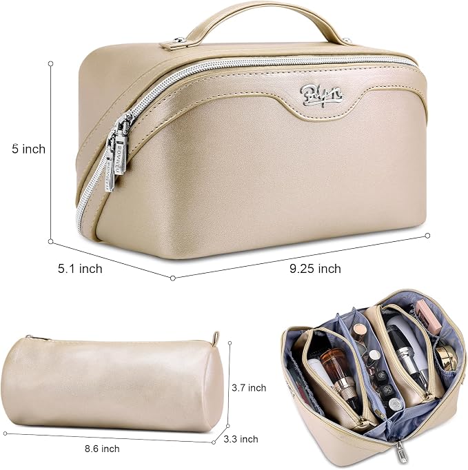 BOYATU Travel Makeup Bag Organizer Cosmetic Bag: 3 Pcs Set Make up Bags for Women with Handle - Waterproof Vegan Leather Toiletry Bags Travel Essentials Pouch with Compartments (C-07-Gold) - Image 2