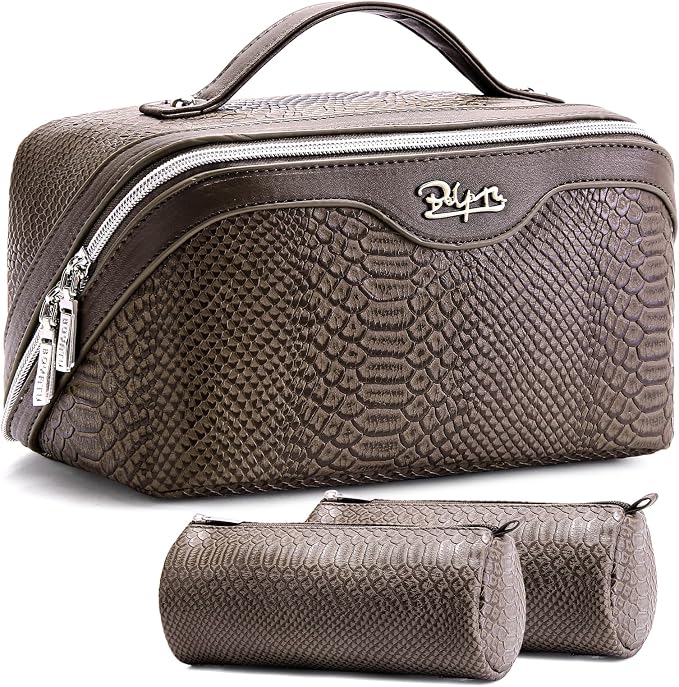 BOYATU Travel Makeup Bags for Women: 3 Pcs Set Wide Open Cosmetic Bag - Portable Make up Bags with Handle - Vegan Leather Toiletry Organizer Bag with Divider (G-03-Coffee) by BOYATU