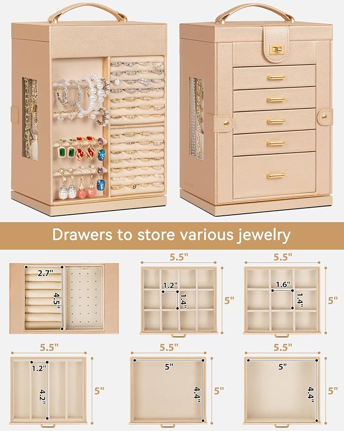 AKOZLIN 6-Tier Jewelry Box Organizer Functional 5 Drawers Leather Jewelry Storage Case for Women Girls Ring Necklace Earring Bracelet Holder Organizer with Mirror Champagne S-Medium - Image 3