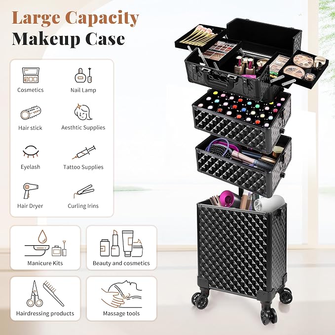 AROUS Rolling Makeup Train Case 4 in 1 Cosmetology Case on Wheels Large Storage Cosmetic Trolley with Key Salon Barber Case Traveling Cart Trunk, Black - Image 4