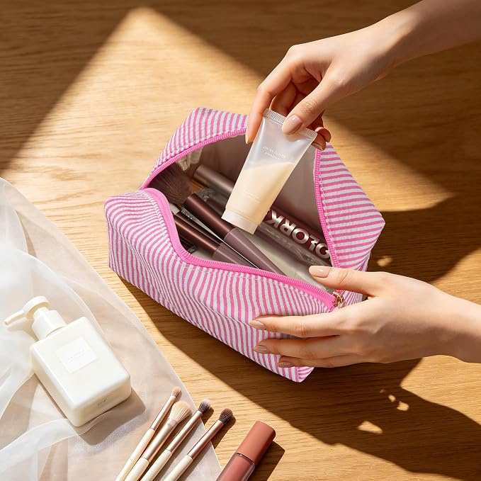 Makeup Bag Set for Women, 6PCS Travel Cosmetic Bags Pencil Case, Striped Seersucker Toiletry Organizer Pouches, Cute Makeup Pouch for Purse, Accessories and Gifts, Rose Red - Image 3