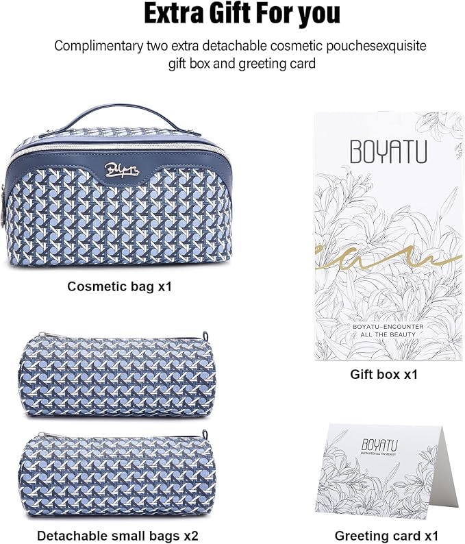 BOYATU Travel Makeup Bag Cosmetic Bags for Women: Large Capacity 3 Pcs Set Make up Bag with Compartments - Waterproof Vegan Leather Toiletry Organizer Bags with Handle (M-77Blue) - Image 6