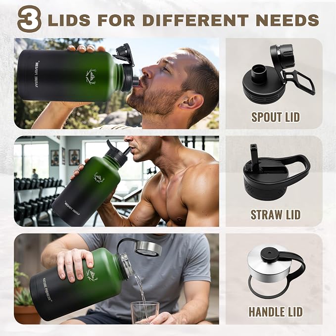 NATURE PIONEOR 64 oz Insulated Water Bottle with Carrier Bag & 3 Lids | 18/8 Food-grade Stainless Steel, Double Vacuum Insulation, 3 Leak-proof Lids, Strap, Camping, Hiking, Gym, Work - Image 5