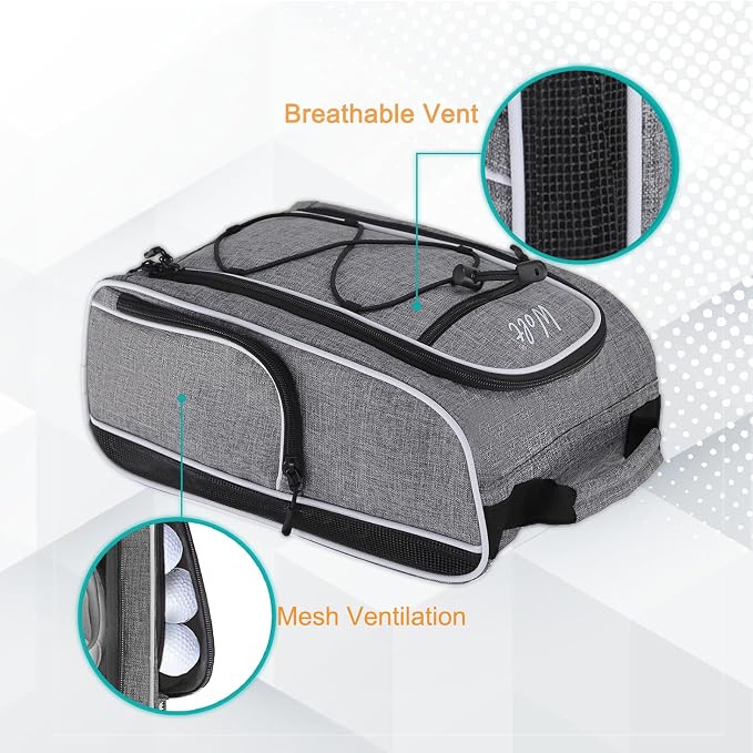 Wolt 2 Pcs Golf Shoe Bag for Travel- Zippered Shoes Carrier Bags with Ventilation & Double Outside Accessory Pocket for Socks, Tees, Golf Balls, Etc. for Women and Men (Black+Grey) - Image 5