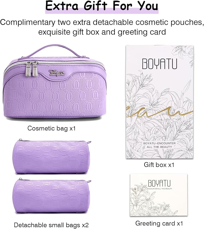 BOYATU Travel Makeup Bag for Women: Cosmetic Organizer Bag with Compartments - Leather Make up Bags Set of 3 (G-1-Purple) - Image 5