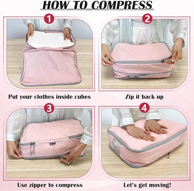 Large Compression Packing Cubes for Travel, 2 Set Compression Bags Travel Cubes for Packing Suitcase Organizer Luggage Organizer Bags Set, Pink - Image 6