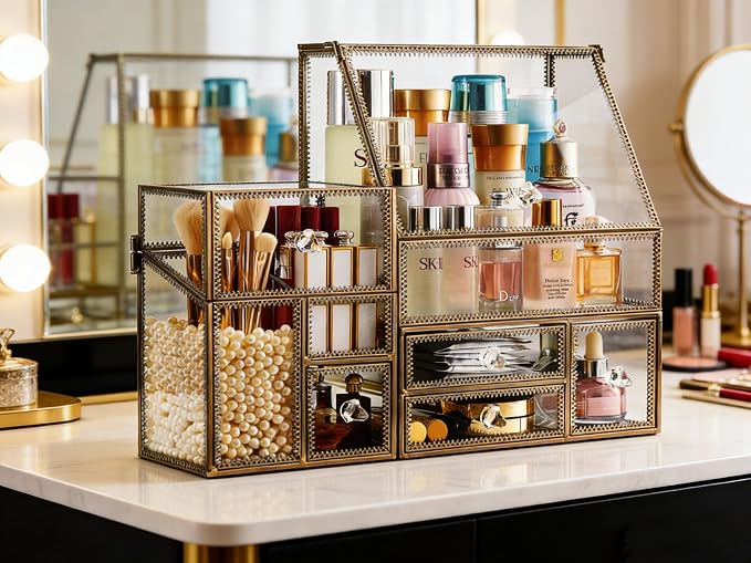 Luxury Glass Makeup Organizer Antique Bronze Metal Frame, Clear Vanity Countertop Storage Case for Cosmetics, Skincare, Perfume, Jewelry, Brush Holder & Drawers for Bathroom, Bedroom, Dressing Table - Image 2