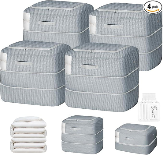 Comforter Storage Bag - 110L Large Capacity Blanket Storage Bags 2-Layer Ultra Space Saving Self Compression Organizer, Washable Compression Bags for Storage Comforter Blanket, 4-Pack, Grey by EasortmPackingCubes