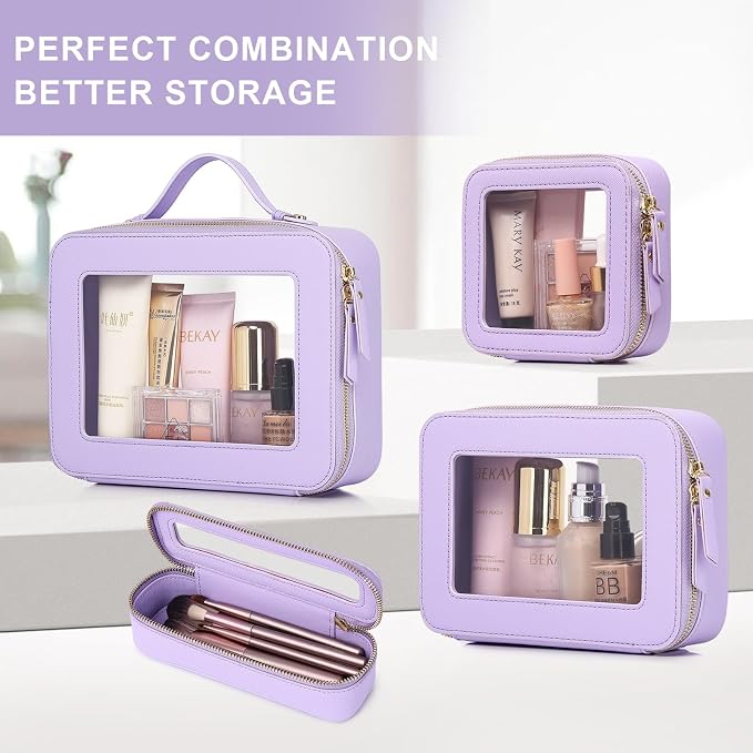 Pinkmik Clear Makeup Bag for Women Waterproof Travel Cosmetics and Toiletries Case Portable Makeup Oaganizer Bag Clear Car Bag with Zipper (X/Purple, M) - Image 5